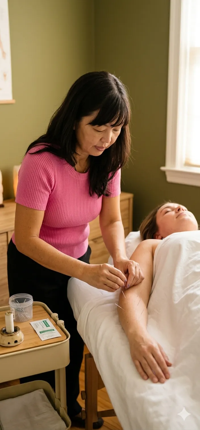 Célia Shimoda realizando sessão de acupuntura em Blumenau