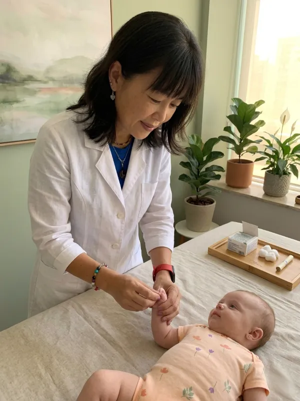 Célia Shimoda realizando sessão de acupuntura pediátrica com criança em Blumenau